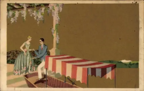 Künstler Ak Mann hilft eleganter Dame in ein Ruderboot