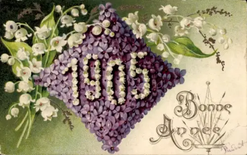 Präge Litho Glückwunsch Neujahr, Jahreszahl 1905, lila Veilchenblüten