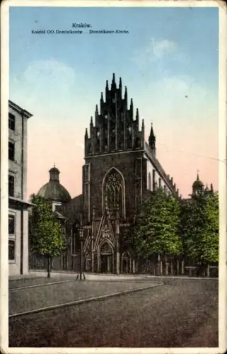 Ak Bielany Kraków Krakau Polen, Dominikaner-Kirche,  gotische Architektur, Bäume, Straße