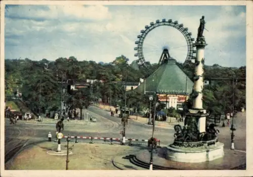 Ak Wien 1 Innere Stadt, Riesenrad, Praterstern, Statue, Grünanlagen, TEGE THOFF