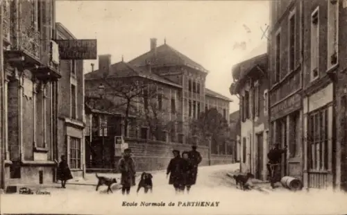 Ak Parthenay Deux Sèvres, Ecole Normale de  Straße mit Personen und Hunden,  