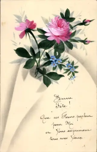 Handgemalt Ak Blumen, Rosen, Vergissmeinnicht
