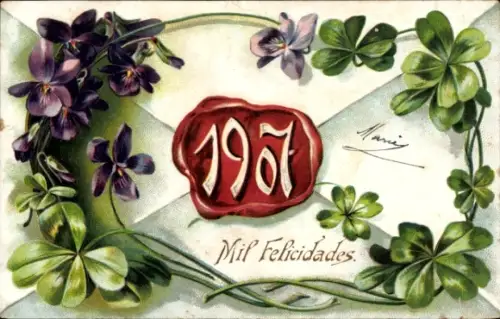Präge Litho Glückwunsch Neujahr, Jahreszahl 1907, Kleeblätter, Veilchenblüten