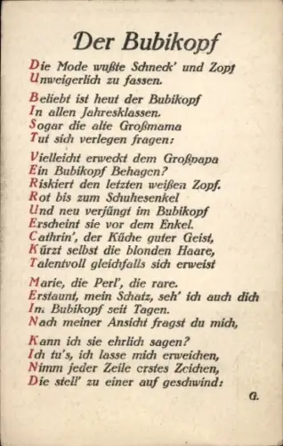 Ak Gedicht Bubikopf, Die Mode wusste Schnecke und Zopf...