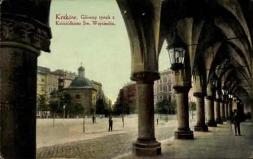 Ak Kraków Krakau Polen,  Hauptmarkt, Kirche St. Wojciech, Laternen, Arkaden