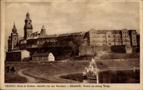 Ak Kraków Krakau Polen, Burg zu  Ansicht von der Weichsel, Wawel, Flussboot