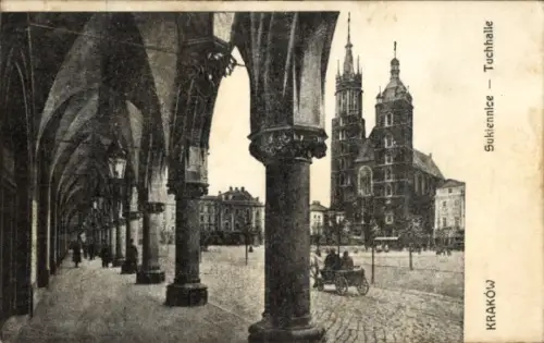 Ak Kraków Krakau Polen, Sukiennice, Tuchhalle, Stadtansicht, Pferdewagen