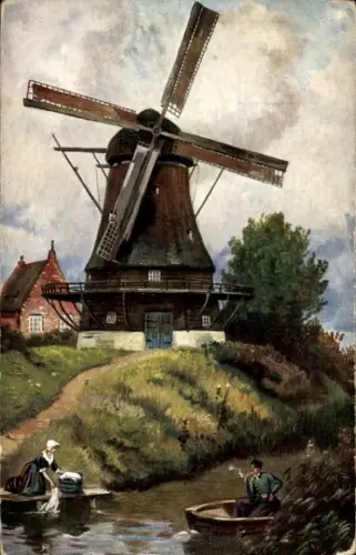 Ak Windmühle, Menschen im Ruderboot, Fluss