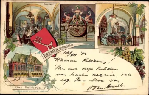Wappen Litho Hansestadt Bremen, Gasthaus Ratskeller, Rathaus, Innenansicht