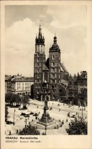 Ak Kraków Krakau Polen, Marienkirche,  Statue, Stadtansicht