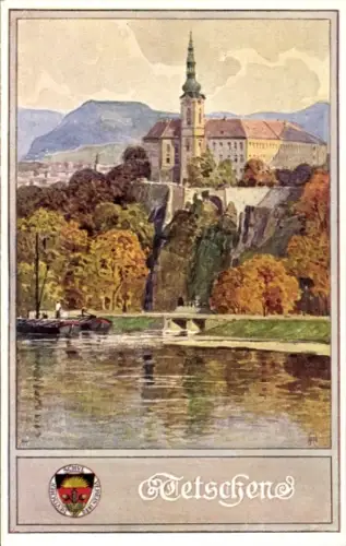 Künstler Ak Děčín Tetschen an der Elbe Reg. Aussig, Teilansicht, Deutscher Schulverein