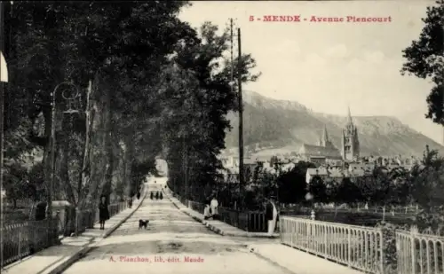 Ak Mende Lozère, Avenue Pliencourt,  Straße, Bäume, Menschen, Hund, Kirche