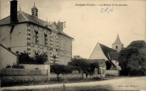 Ak Jaulges Yonne, Jaulges, Mairie, Schulen, Schwarz-Weiß