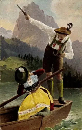 Ak Liebespaar beim Rudern, Tracht, Bergen, Ruderboot