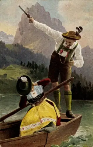 Ak Liebespaar beim Rudern, Tracht, Bergen, Ruderboot