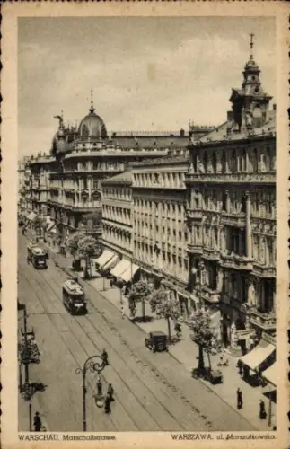 Ak Warszawa Warschau Polen,  Marschallstraße, Straßenansicht, Straßenbahn, Bäume