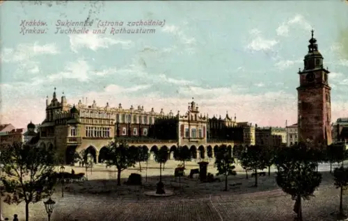 Ak Kraków Krakau Polen,  Sukiennice, Juchhalle, Rathausturm