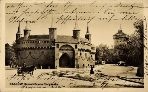 Ak Kraków Krakau Polen,  Rondel, Brama Floryańska, Pferdewagen