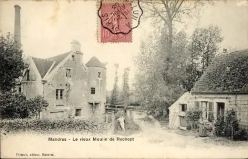 Ak Mandres Val de Marne, Moulin de Rochopt, Fluss, Bäume, Poststempel, 10 Centimes