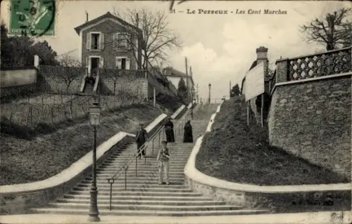 Ak Le Perreux sur Marne Val de Marne,  Treppen, Menschen, Straßenlaterne, 