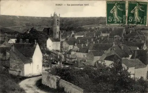 Ak Irancy Yonne, Panoramablick auf  Kirche, Häuser, Poststempel, zwei Briefmarken