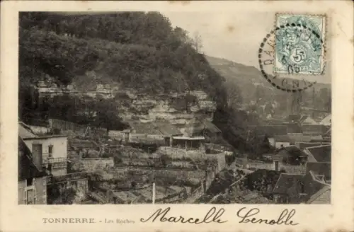 Ak Tonnerre Yonne, Landschaft mit Felsen, Gärten, Häusern, Poststempel, Name Marcelle Lenoble