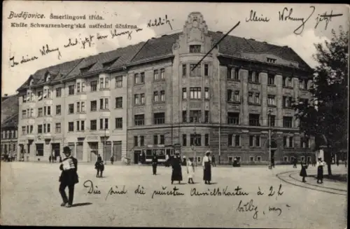 Ak České Budějovice Budweis Südböhmen, Smerlingová třída. Kníže Schwarzenberg'ská ustřední účtárna