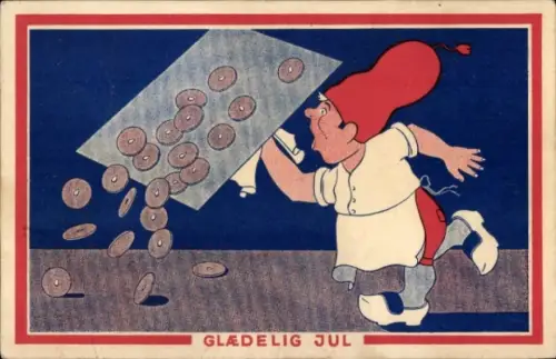 Künstler Ak Frohe Weihnachten, Zwerg als Bäcker, Gebäck fällt vom Backblech