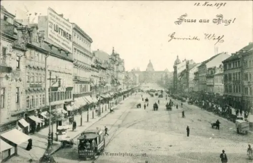 Ak Praha Prag Tschechien, Václavské náměstí, Wenzelsplatz, Straßenbahn, Geschäfte, Reklame Lüftner