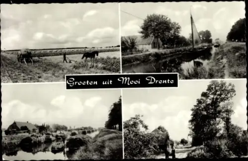 Ak Mooi Drenthe Niederlande, Segelboot, Kanal, Bauer mit Pferdepflug