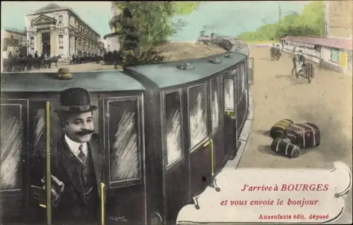 Ak Bourges Cher, Mann im Zug, Bahnsteig, Ankunft, Koffer