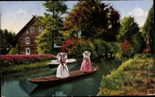 Ak Lehde Lübbenau im Spreewald, Zum fröhlichen Hecht, Spreewälderinnen, Kahn