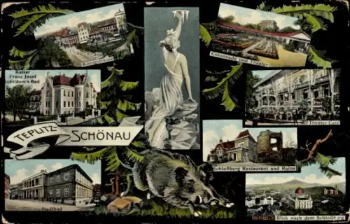 Ak Teplice Teplitz Schönau Reg. Aussig, Stadtbad, Schlossberg, Ruine, Theatercafe