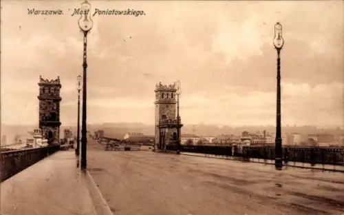 Ak Warszawa Warschau Polen, Brücke, Türme, Straßenlaternen, Wolken, Warszawa