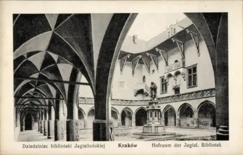 Ak Bielany Kraków Krakau Polen, Hofraum der Jagel. Bibliothek,  Statue im Innenhof