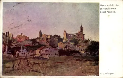 Künstler Ak Prinz, K L., Gorlice Polen, Hauptansicht der zerschossenen Stadt