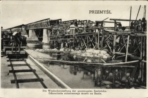 Ak Przemyśl Polen, Von den Russen zerstörte und wiederaufgebaute Brücke am San, I WK
