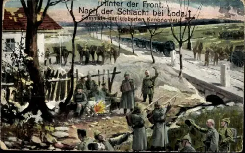 Ak Lodz Lodsch Polen, Hinter der Front, Nach der Schlacht, Sammeln der eroberten Kanonen