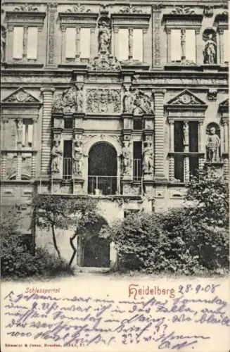 Ak Heidelberg am Neckar, Schlossportal,  28.9.08, Abbildung von Figuren