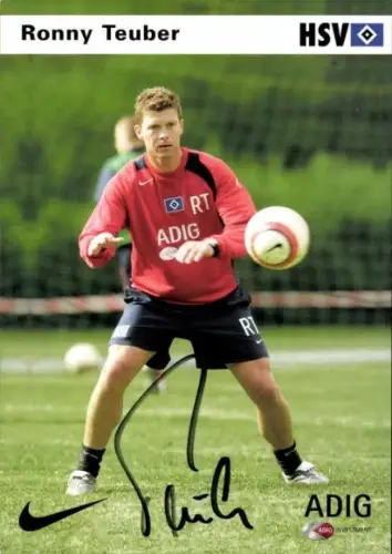 Autogrammkarte Fußballer Ronny Teuber, Hamburger SV, Autogramm, Gemälde von Rudi Kargus