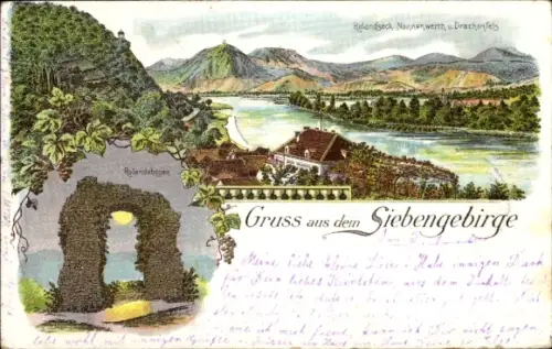 Litho Nonnenwerth Remagen am Rhein, Rolandseck, Drachenfels, Rolandsbogen
