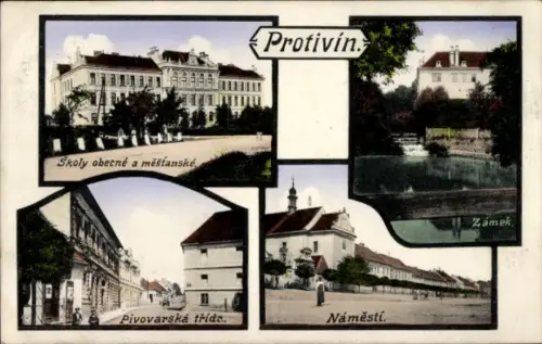 Ak Protivín Protiwin Südböhmen, Schule, Schloss, Platz, Pivovarská třída
