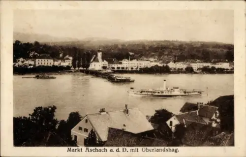 Ak Aschach an der Donau Oberösterreich, Blick über Landshag, Salondampfer