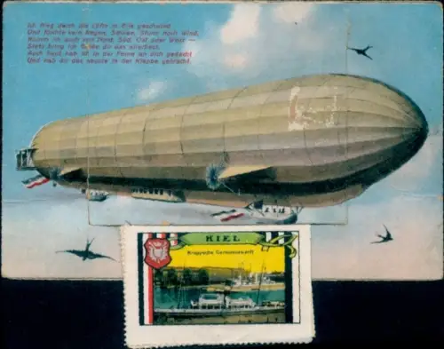 Leporello Ak Kiel, Kruppsche Germania-Werft, Zeppelin-Luftschiff, Gedicht