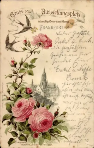 Litho Frankfurt am Main, Ausstelklungsplatz, ehemalige Rosen-Ausstellung, Rosen, Schwalben
