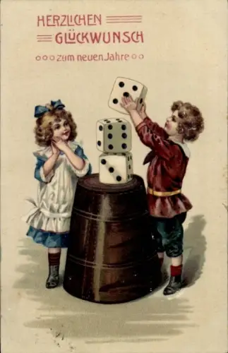 Präge Ak Glückwunsch Neujahr, Zwei Kinder mit Würfeln, Würfelbecher
