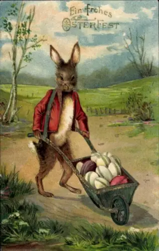 Präge Ak Frohe Ostern, Osterhase mit Schubkarre, Ostereier