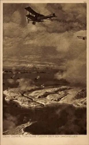 Künstler Ak Diemer, Zeno, Türkische Flieger über den Dardanellen, I. WK