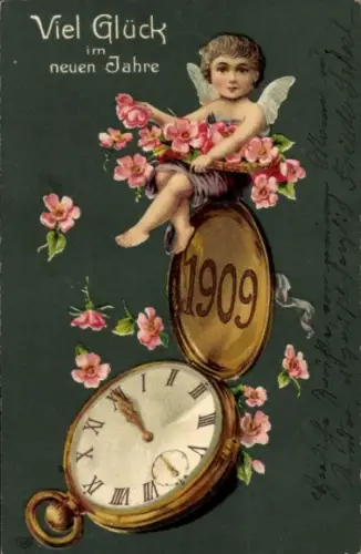 Präge Ak Fröhliches Neujahr, Taschenuhr, Jahreszahl 1909, Engel mit Blumen