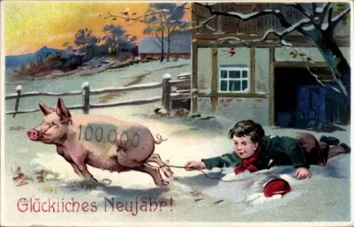 Ak Glückwunsch Neujahr, Junge, Glücksschwein